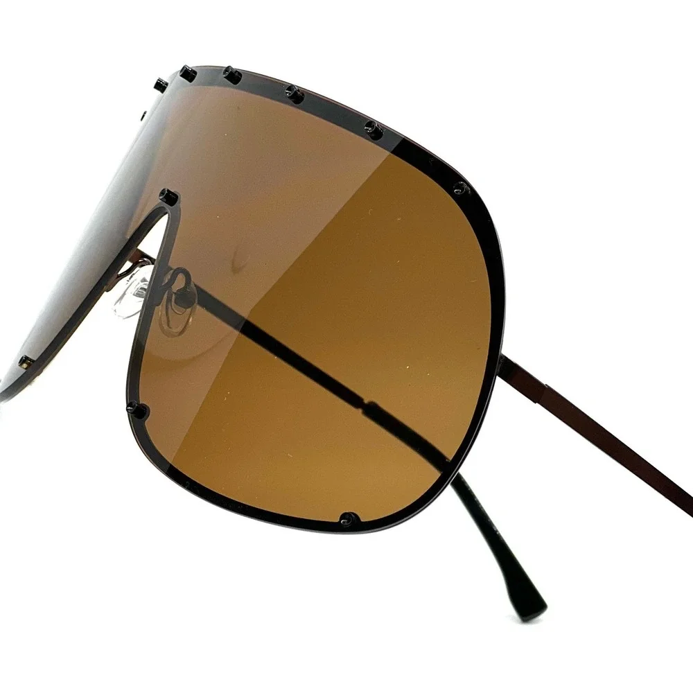 Shield Sunglasses Oversized Trendy Rivet Brown Lens Fashion Statement Lentes New